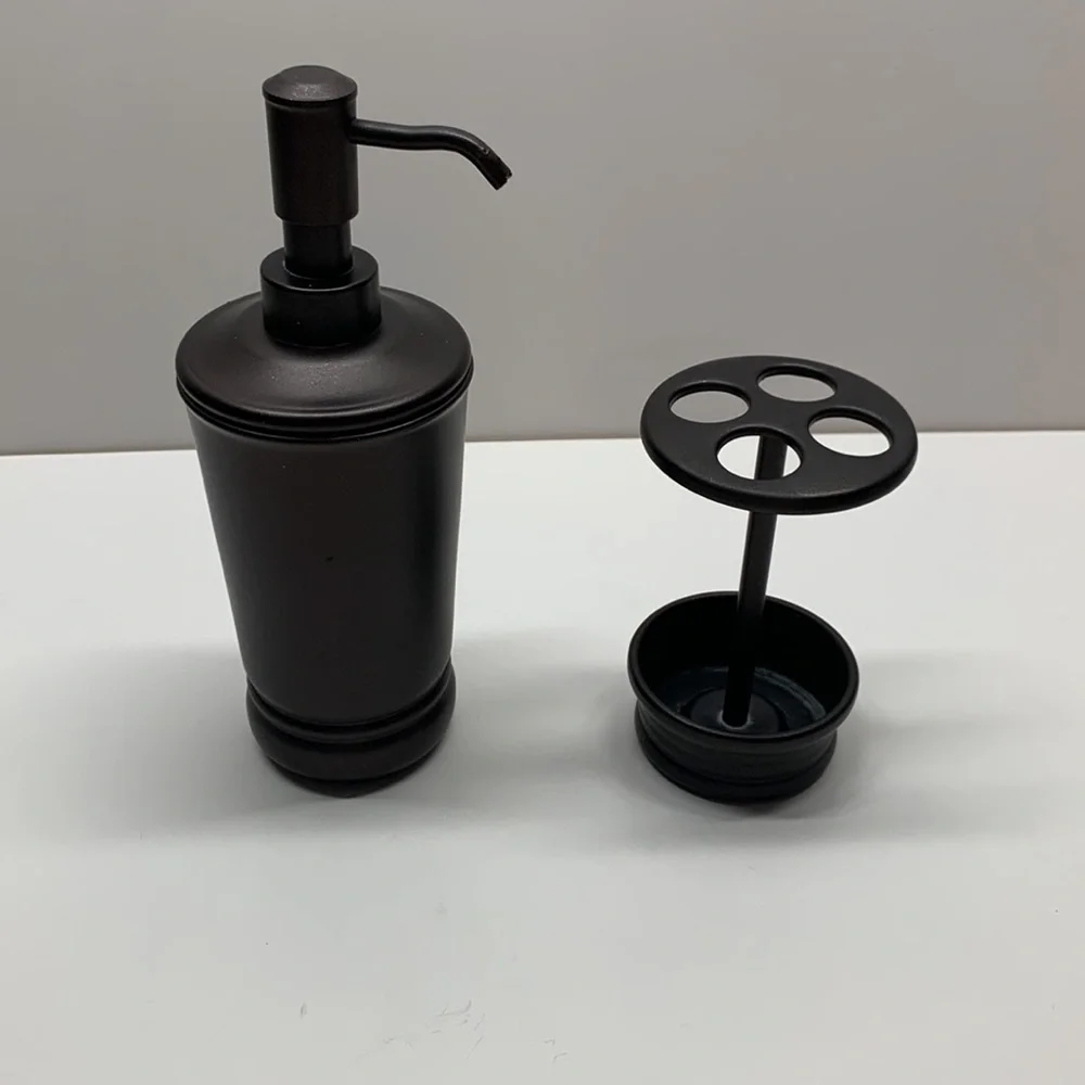 Bronze bathroom set soap dispenser and toothbrush holder